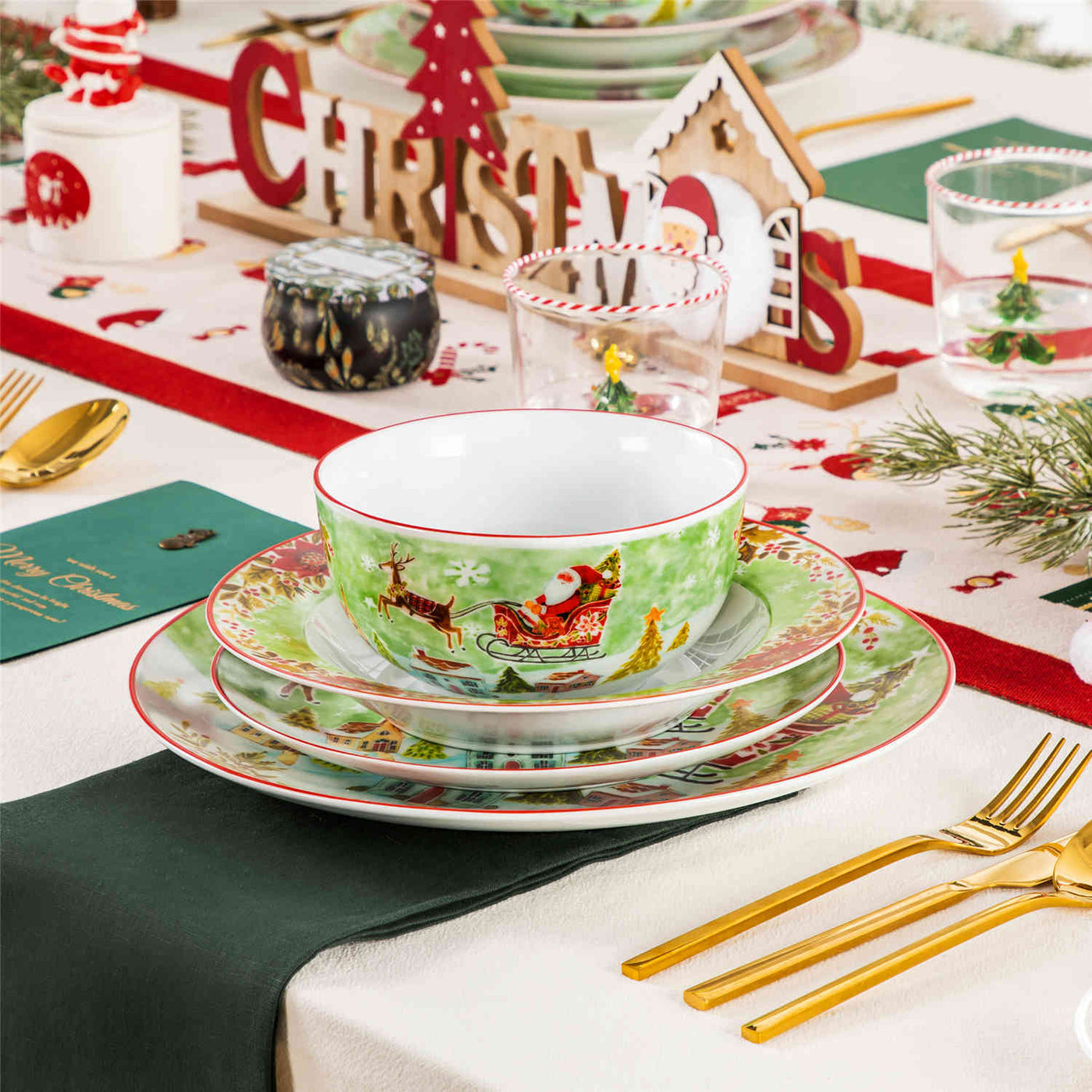 MALACASA Xmas Reindeer Sleigh 16 Piece Porcelain Dinnerware Set, All Beautifully Adorned with Cheerful Reindeer and Holiday Motifs. Perfect for Holiday Celebrations, this Dinnerware Adds a Warm, Whimsical Touch to Any Dining Experience, Making Every Meal Feel Special and Festive.