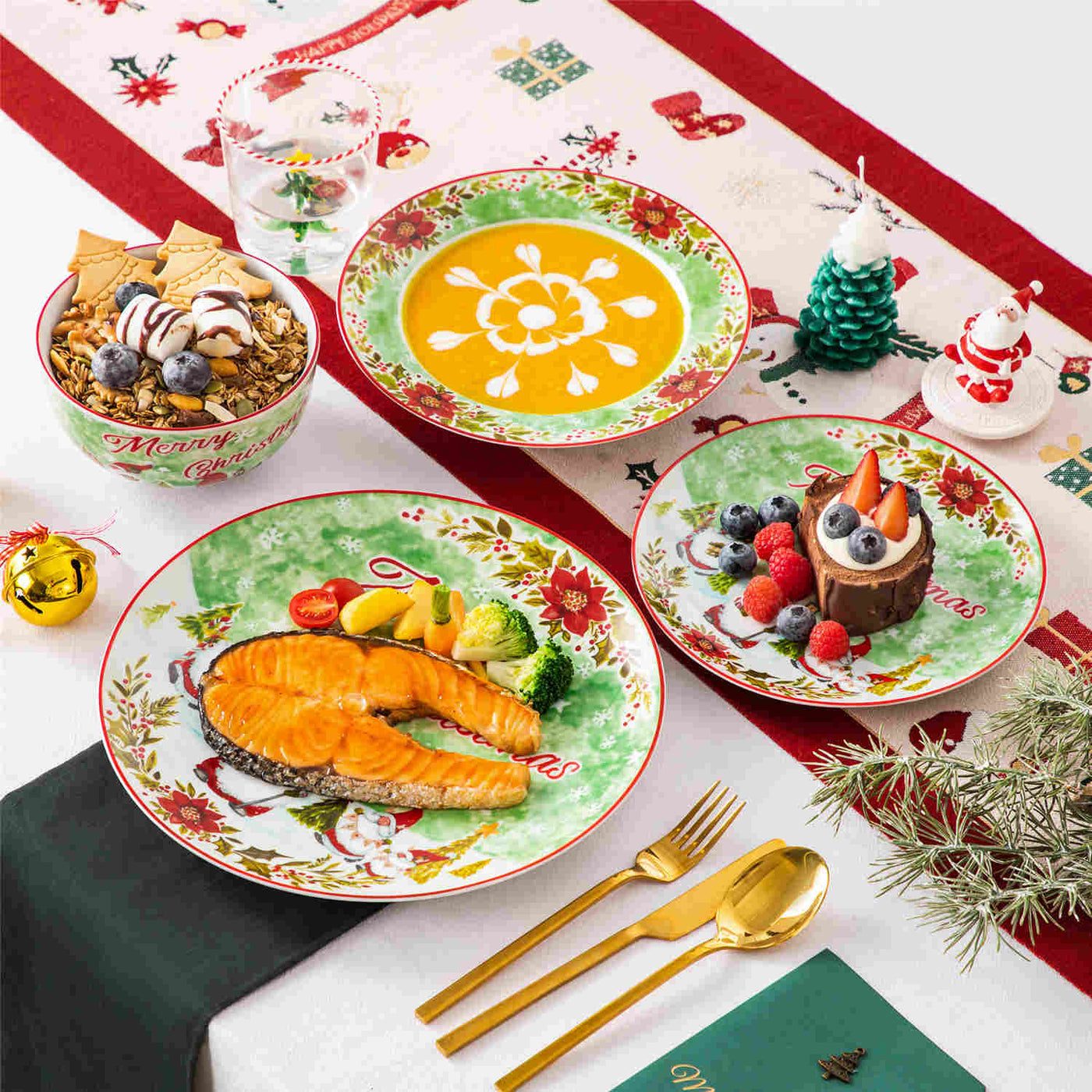 MALACASA Xmas Gnome 16 Piece Porcelain Dinnerware Set, Each Showcasing Delightful Gnome Illustrations and Holiday-Themed Patterns.The Vibrant Colors and Playful Designs Make it Perfect for Adding a Cheerful Touch to Holiday Meals and Gatherings.