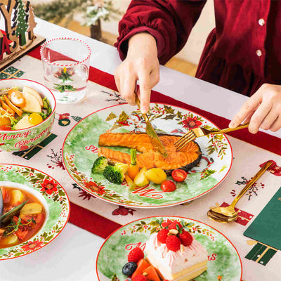 MALACASA Xmas Gnome 16 Piece Porcelain Dinnerware Set, Each Showcasing Delightful Gnome Illustrations and Holiday-Themed Patterns.The Vibrant Colors and Playful Designs Make it Perfect for Adding a Cheerful Touch to Holiday Meals and Gatherings.