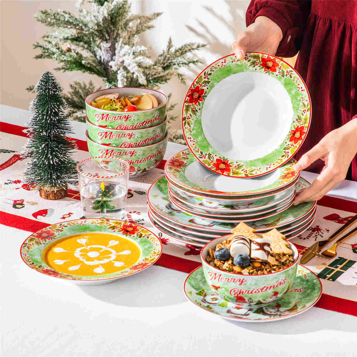 MALACASA Xmas Gnome 16 Piece Porcelain Dinnerware Set, Each Showcasing Delightful Gnome Illustrations and Holiday-Themed Patterns.The Vibrant Colors and Playful Designs Make it Perfect for Adding a Cheerful Touch to Holiday Meals and Gatherings.