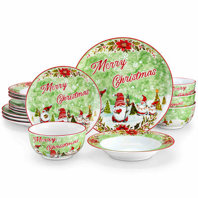 MALACASA Xmas Gnome 16 Piece Porcelain Dinnerware Set, Each Showcasing Delightful Gnome Illustrations and Holiday-Themed Patterns.The Vibrant Colors and Playful Designs Make it Perfect for Adding a Cheerful Touch to Holiday Meals and Gatherings.