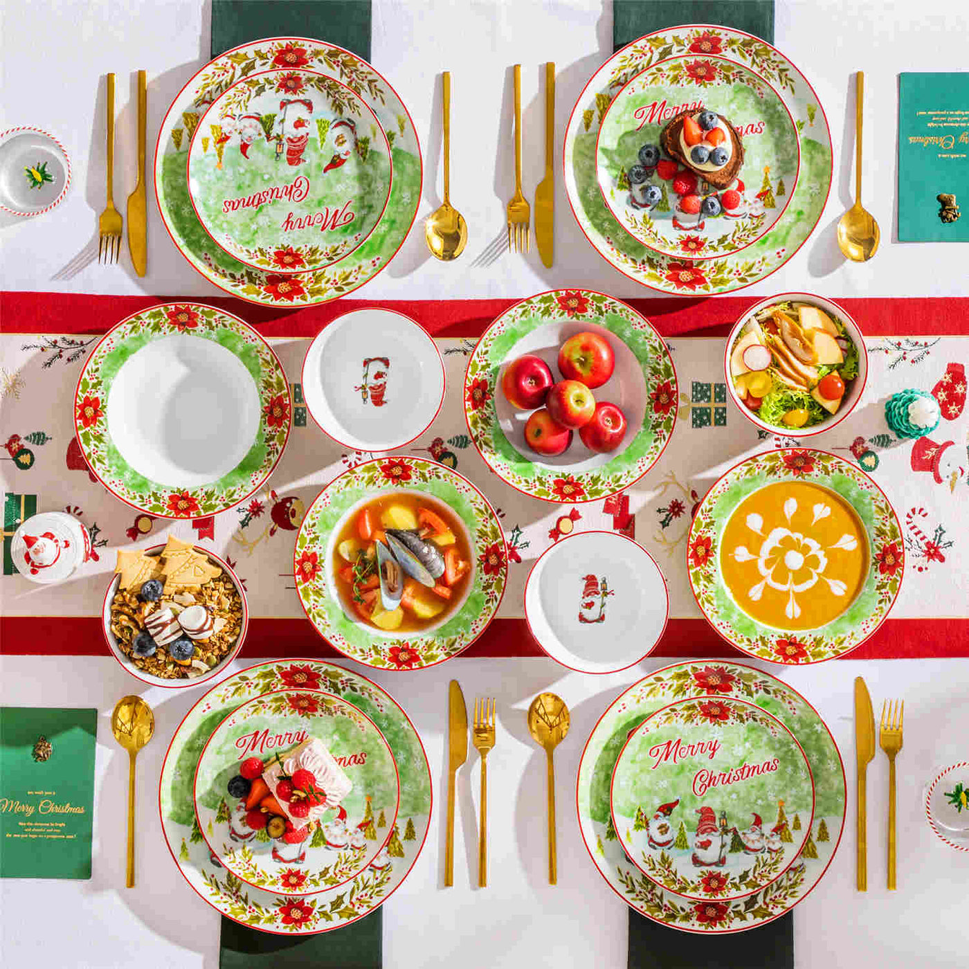 MALACASA Xmas Gnome 16 Piece Porcelain Dinnerware Set, Each Showcasing Delightful Gnome Illustrations and Holiday-Themed Patterns.The Vibrant Colors and Playful Designs Make it Perfect for Adding a Cheerful Touch to Holiday Meals and Gatherings.