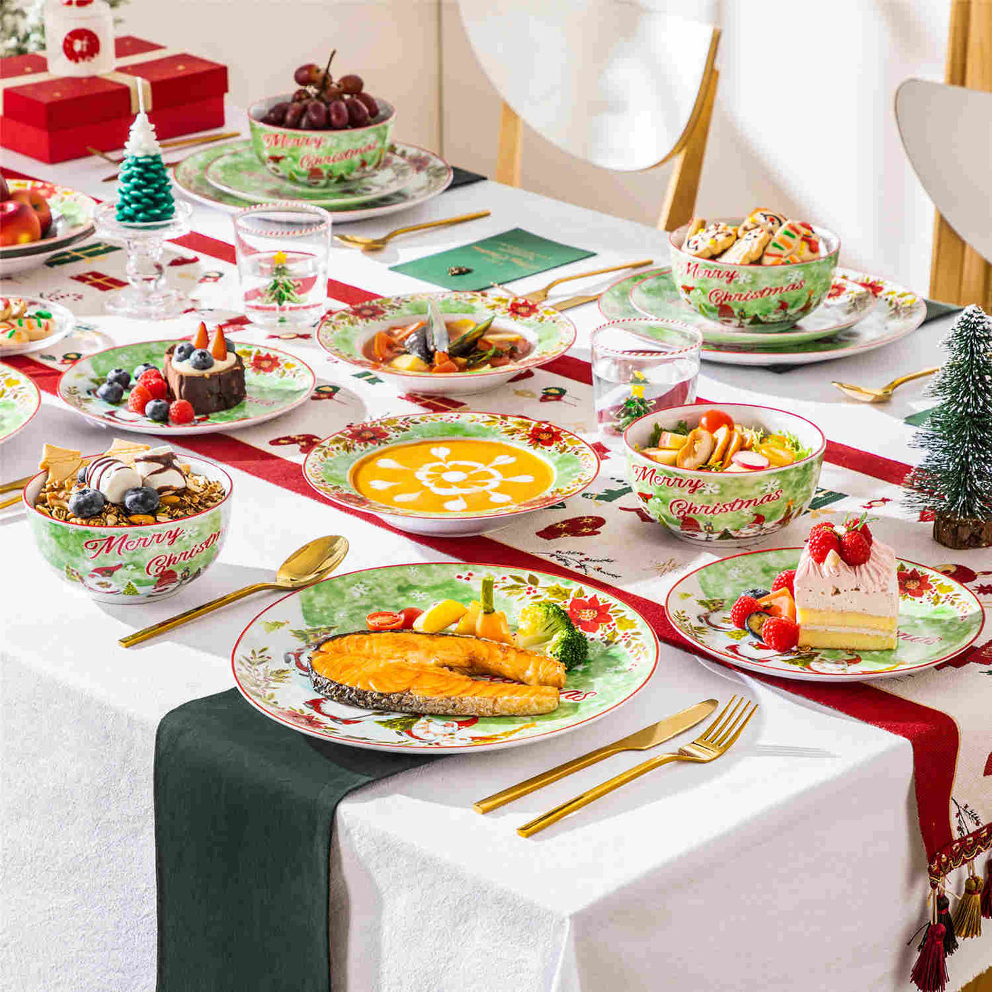 MALACASA Xmas Gnome 16 Piece Porcelain Dinnerware Set, Each Showcasing Delightful Gnome Illustrations and Holiday-Themed Patterns.The Vibrant Colors and Playful Designs Make it Perfect for Adding a Cheerful Touch to Holiday Meals and Gatherings.