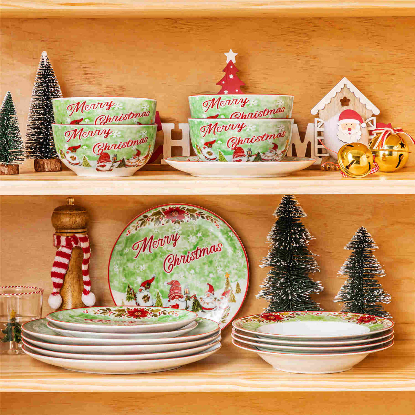 MALACASA Xmas Gnome 16 Piece Porcelain Dinnerware Set, Each Showcasing Delightful Gnome Illustrations and Holiday-Themed Patterns.The Vibrant Colors and Playful Designs Make it Perfect for Adding a Cheerful Touch to Holiday Meals and Gatherings.