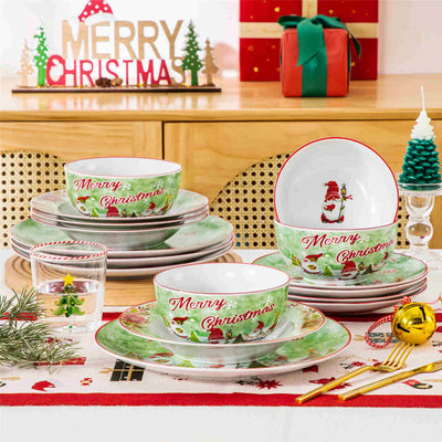 MALACASA Xmas Gnome 16 Piece Porcelain Dinnerware Set, Each Showcasing Delightful Gnome Illustrations and Holiday-Themed Patterns.The Vibrant Colors and Playful Designs Make it Perfect for Adding a Cheerful Touch to Holiday Meals and Gatherings.