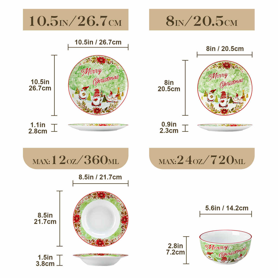 Xmas Gnome 16 Piece Dinnerware Set | Whimsical Porcelain Tableware