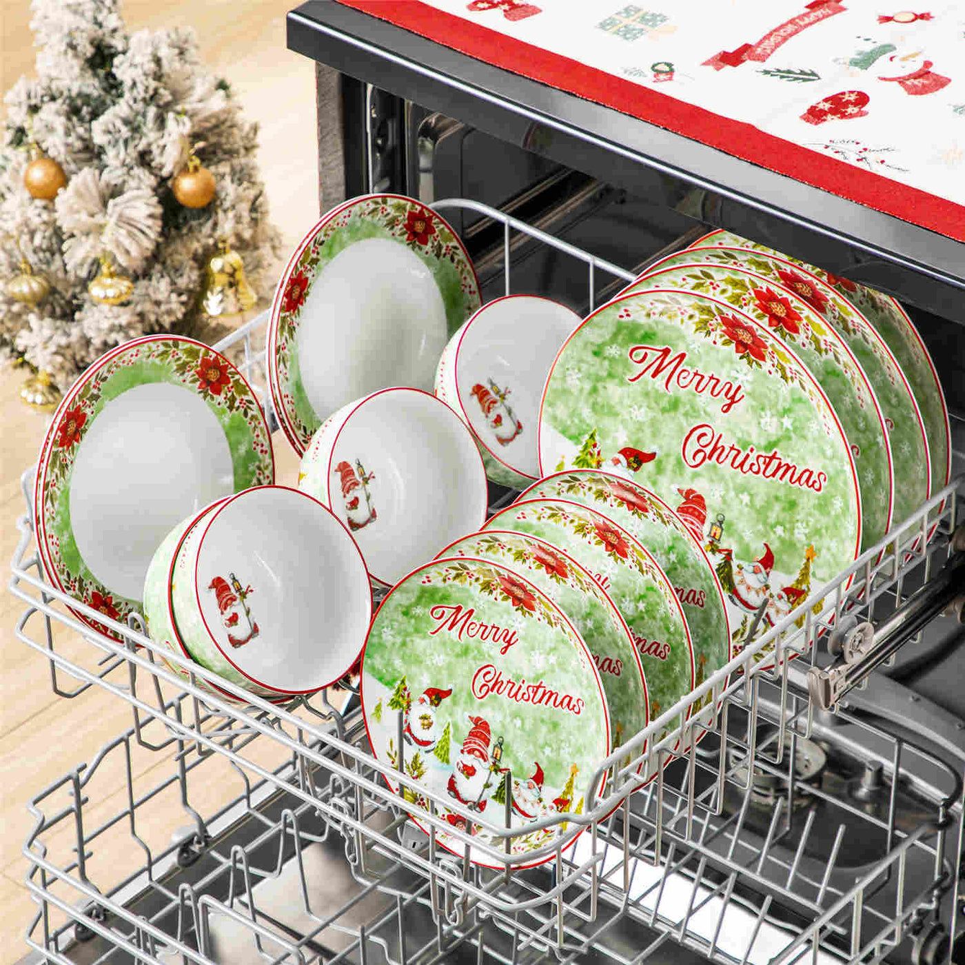 MALACASA Xmas Gnome 16 Piece Porcelain Dinnerware Set, Each Showcasing Delightful Gnome Illustrations and Holiday-Themed Patterns.The Vibrant Colors and Playful Designs Make it Perfect for Adding a Cheerful Touch to Holiday Meals and Gatherings.