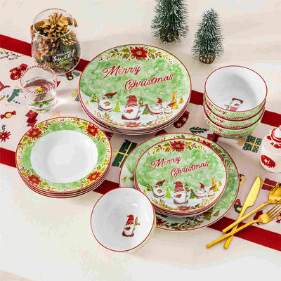 MALACASA Xmas Gnome 16 Piece Porcelain Dinnerware Set, Each Showcasing Delightful Gnome Illustrations and Holiday-Themed Patterns.The Vibrant Colors and Playful Designs Make it Perfect for Adding a Cheerful Touch to Holiday Meals and Gatherings.