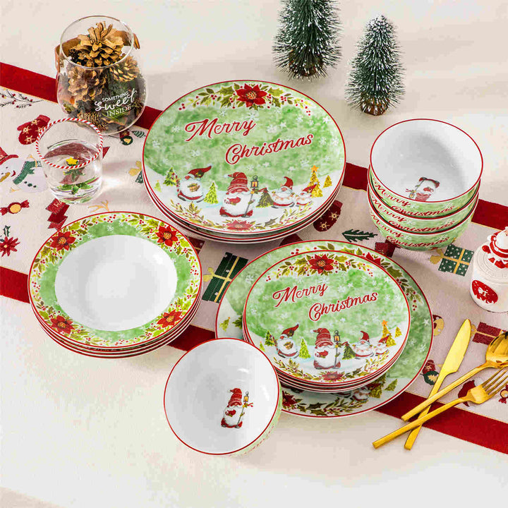 Xmas Gnome 16 Piece Dinnerware Set | Whimsical Porcelain Tableware