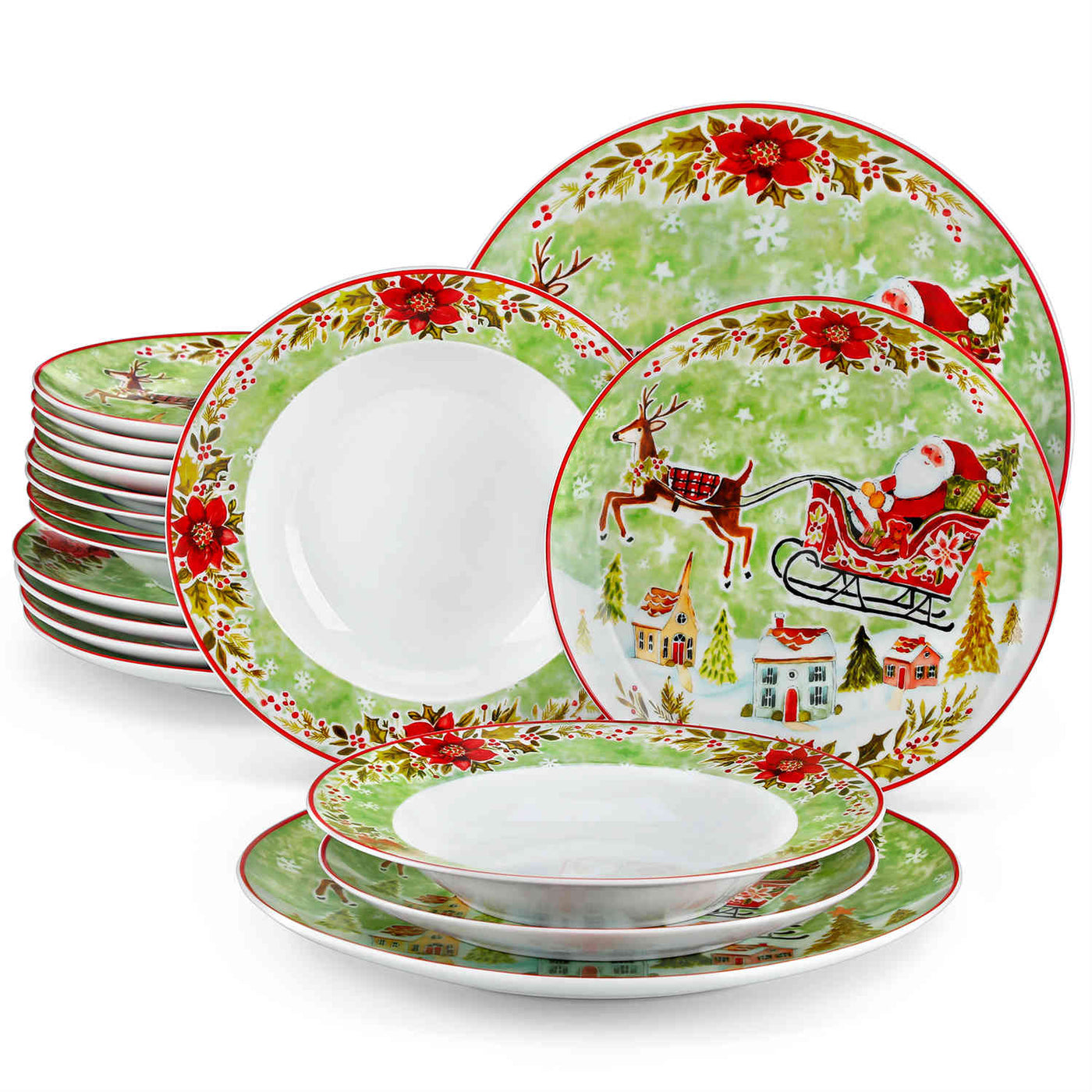 Celebrate the season with MALACASA Xmas Reindeer Sleigh 18 Piece Porcelain Dinnerware Set for 6, featuring dinner, salad, and soup plates adorned with festive red and green reindeer designs!