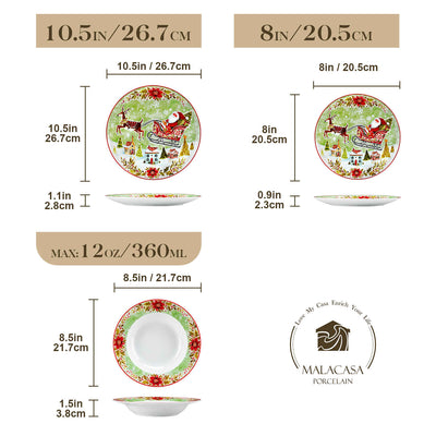 Celebrate the season with MALACASA Xmas Reindeer Sleigh 18 Piece Porcelain Dinnerware Set for 6, featuring dinner, salad, and soup plates adorned with festive red and green reindeer designs!