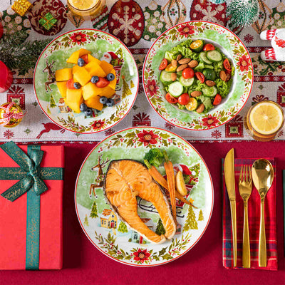 Celebrate the season with MALACASA Xmas Reindeer Sleigh 18 Piece Porcelain Dinnerware Set for 6, featuring dinner, salad, and soup plates adorned with festive red and green reindeer designs!