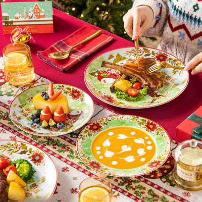 Celebrate the season with MALACASA Xmas Reindeer Sleigh 18 Piece Porcelain Dinnerware Set for 6, featuring dinner, salad, and soup plates adorned with festive red and green reindeer designs!