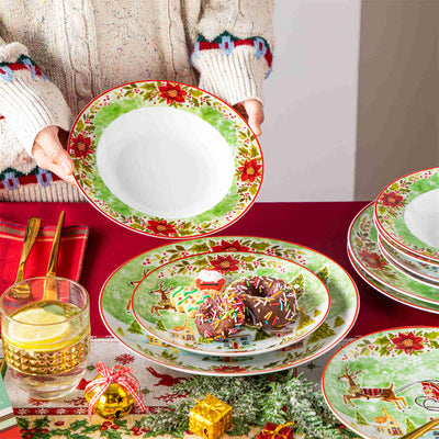 Celebrate the season with MALACASA Xmas Reindeer Sleigh 18 Piece Porcelain Dinnerware Set for 6, featuring dinner, salad, and soup plates adorned with festive red and green reindeer designs!