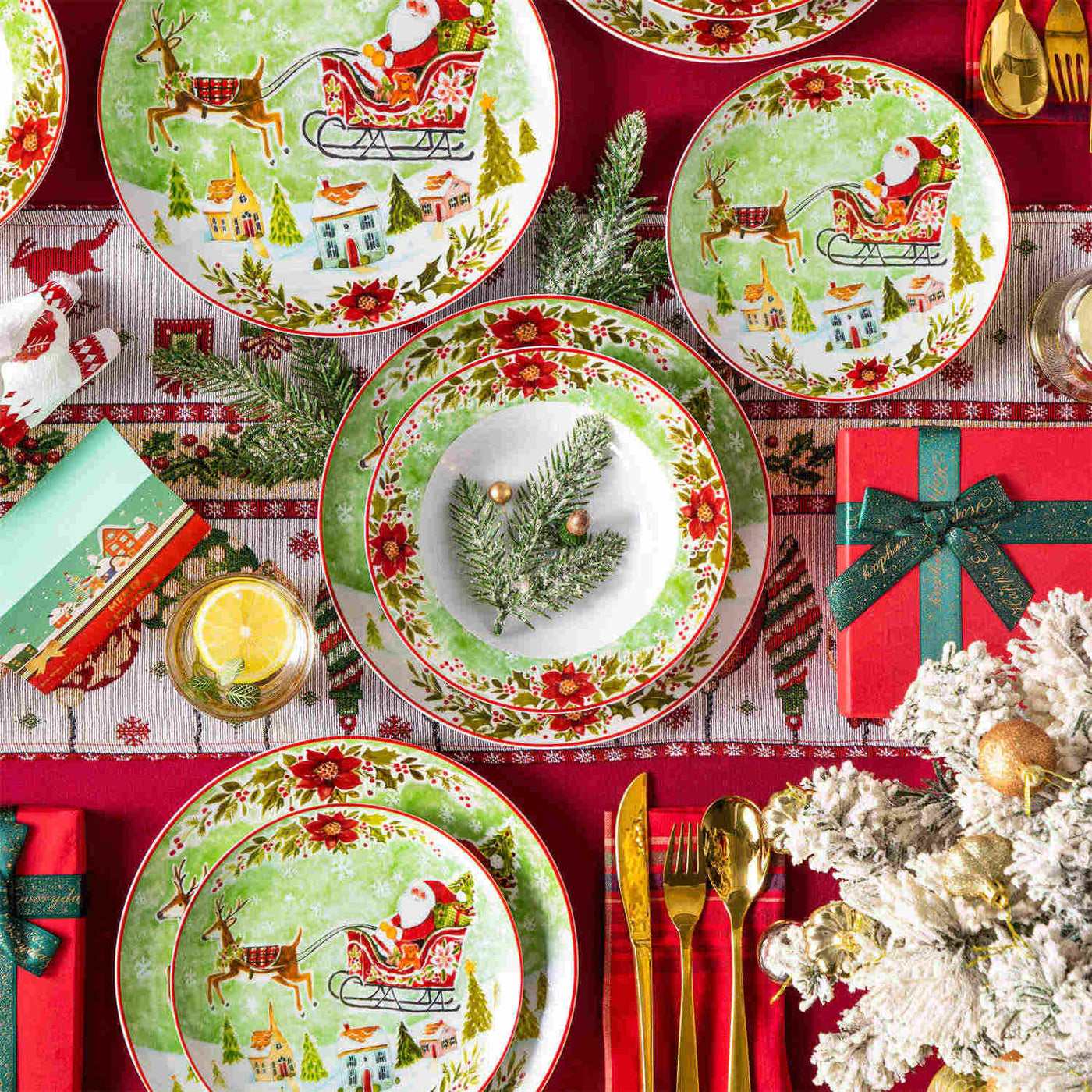 Celebrate the season with MALACASA Xmas Reindeer Sleigh 18 Piece Porcelain Dinnerware Set for 6, featuring dinner, salad, and soup plates adorned with festive red and green reindeer designs!