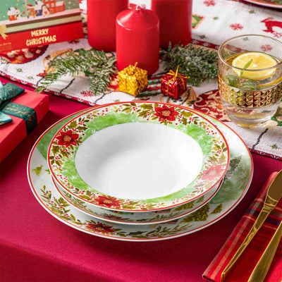 Celebrate the season with MALACASA Xmas Reindeer Sleigh 18 Piece Porcelain Dinnerware Set for 6, featuring dinner, salad, and soup plates adorned with festive red and green reindeer designs!