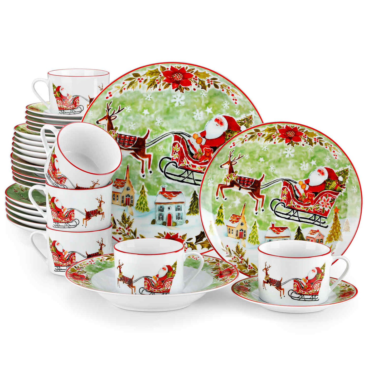 Celebrate the season with the MALACASA Xmas Reindeer Sleigh 30 Piece Porcelain Dinnerware Set, featuring festive plates and cups with saucers adorned with Santa and reindeer designs.