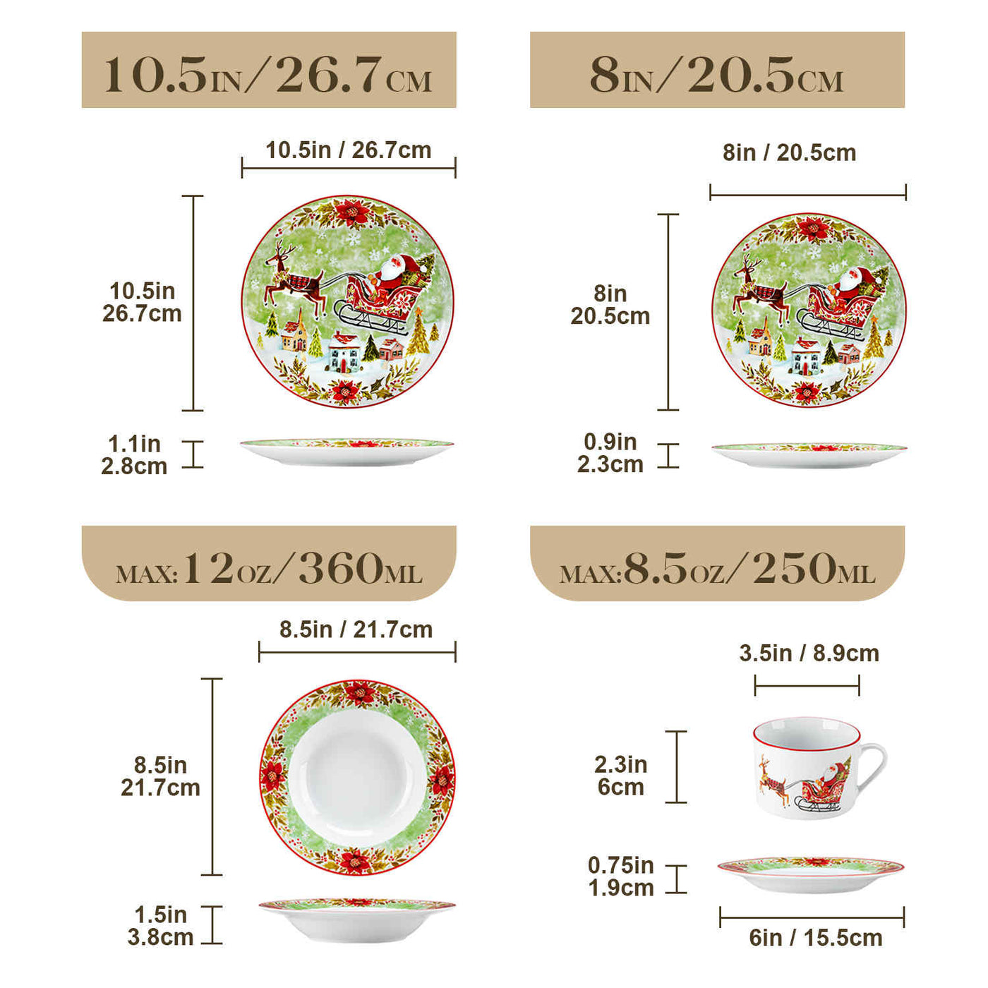 Celebrate the season with the MALACASA Xmas Reindeer Sleigh 30 Piece Porcelain Dinnerware Set, featuring festive plates and cups with saucers adorned with Santa and reindeer designs.