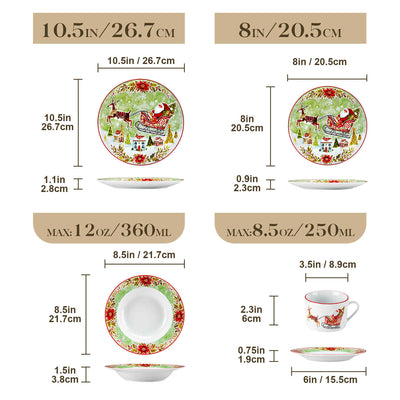 Celebrate the season with the MALACASA Xmas Reindeer Sleigh 30 Piece Porcelain Dinnerware Set, featuring festive plates and cups with saucers adorned with Santa and reindeer designs.