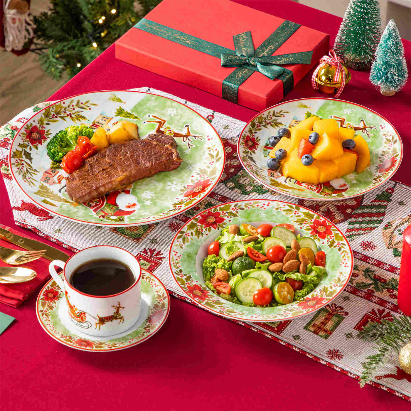 Celebrate the season with the MALACASA Xmas Reindeer Sleigh 30 Piece Porcelain Dinnerware Set, featuring festive plates and cups with saucers adorned with Santa and reindeer designs.