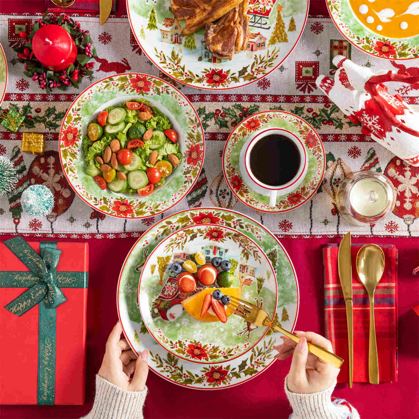 Celebrate the season with the MALACASA Xmas Reindeer Sleigh 30 Piece Porcelain Dinnerware Set, featuring festive plates and cups with saucers adorned with Santa and reindeer designs.