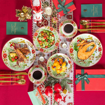 Celebrate the season with the MALACASA Xmas Reindeer Sleigh 30 Piece Porcelain Dinnerware Set, featuring festive plates and cups with saucers adorned with Santa and reindeer designs.