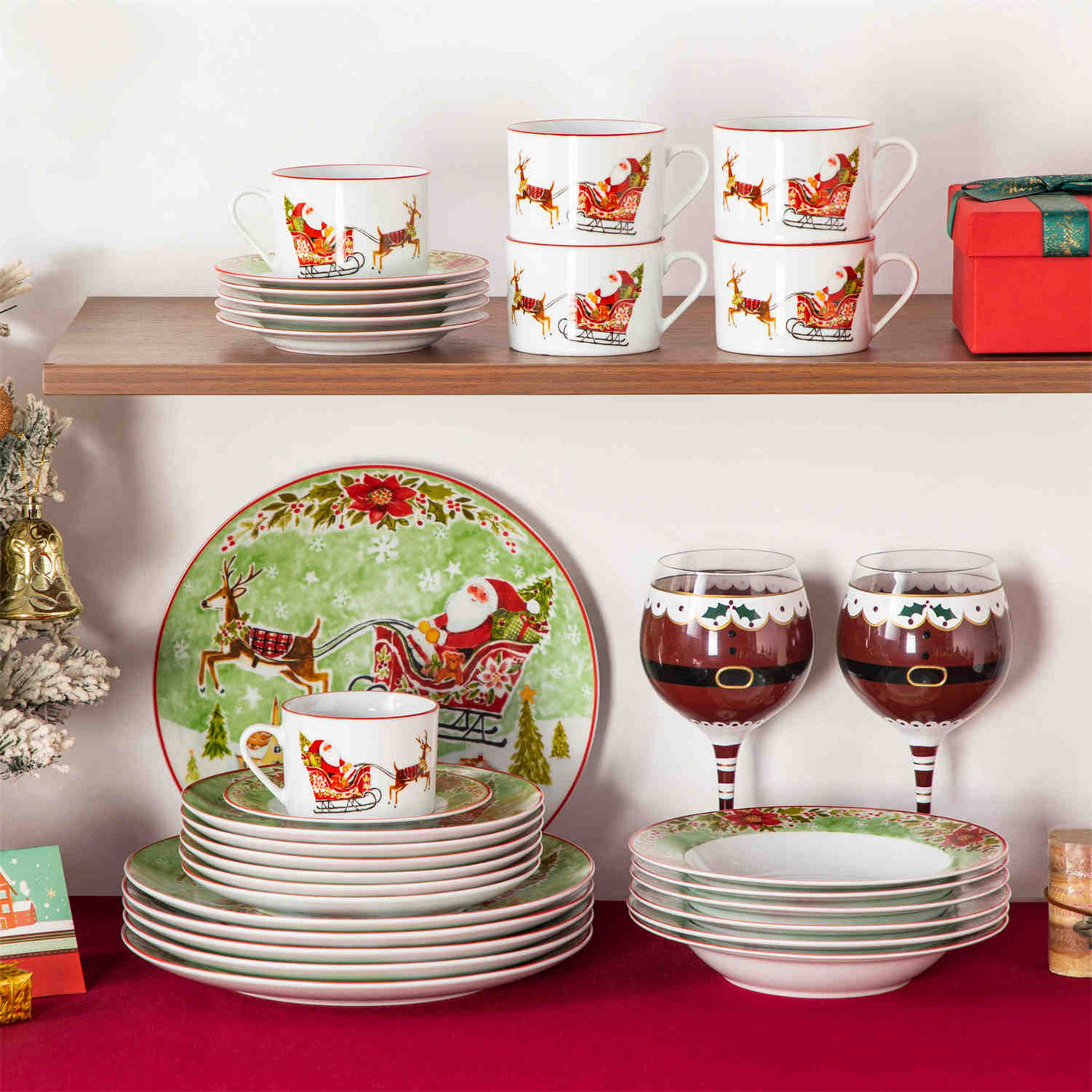 Celebrate the season with the MALACASA Xmas Reindeer Sleigh 30 Piece Porcelain Dinnerware Set, featuring festive plates and cups with saucers adorned with Santa and reindeer designs.