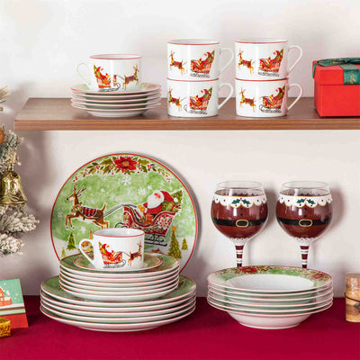 Celebrate the season with the MALACASA Xmas Reindeer Sleigh 30 Piece Porcelain Dinnerware Set, featuring festive plates and cups with saucers adorned with Santa and reindeer designs.