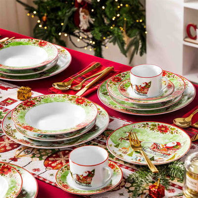 Celebrate the season with the MALACASA Xmas Reindeer Sleigh 30 Piece Porcelain Dinnerware Set, featuring festive plates and cups with saucers adorned with Santa and reindeer designs.