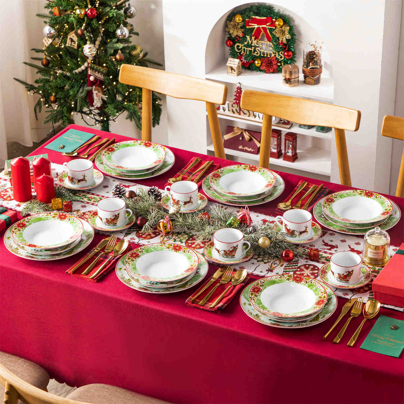 Celebrate the season with the MALACASA Xmas Reindeer Sleigh 30 Piece Porcelain Dinnerware Set, featuring festive plates and cups with saucers adorned with Santa and reindeer designs.