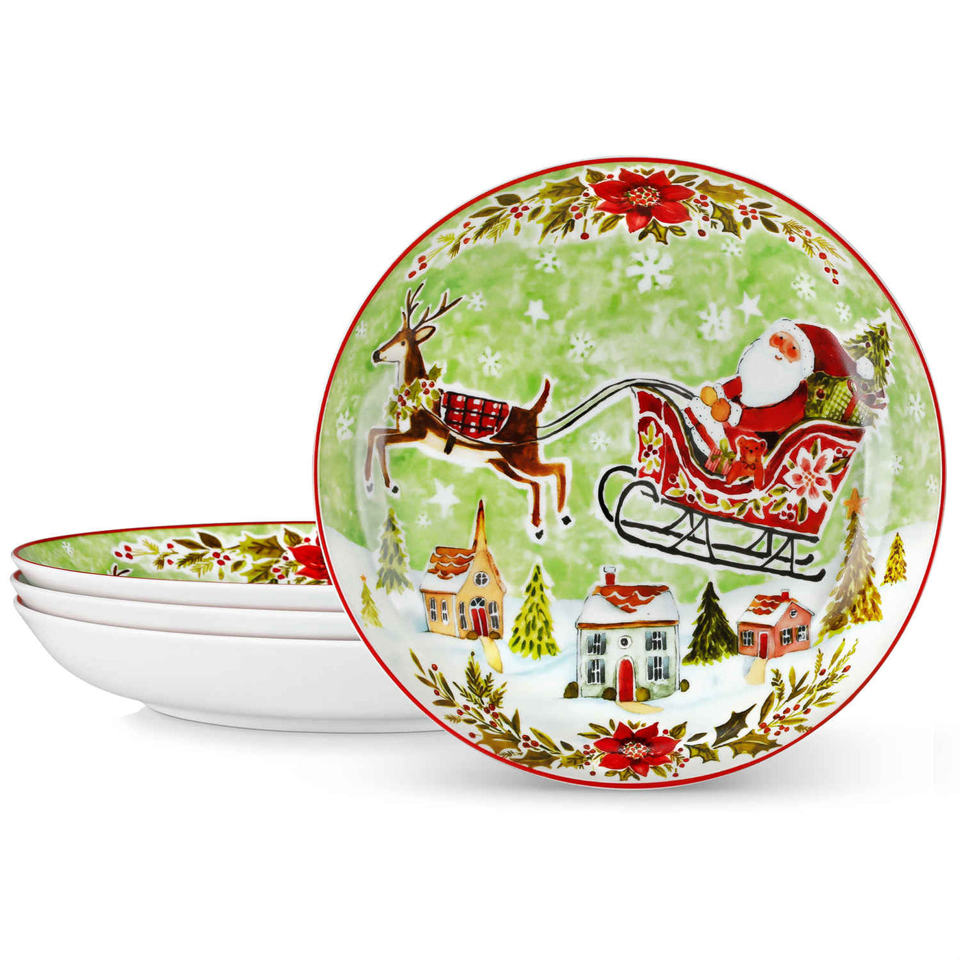 MALACASA Porcelain Christmas Reindeer Sleigh Pasta Bowls Set of 4, Classic Red and Green Holiday Theme, Ideal for Festive Table Settings, Xmas Home Decor, and Holiday Parties.