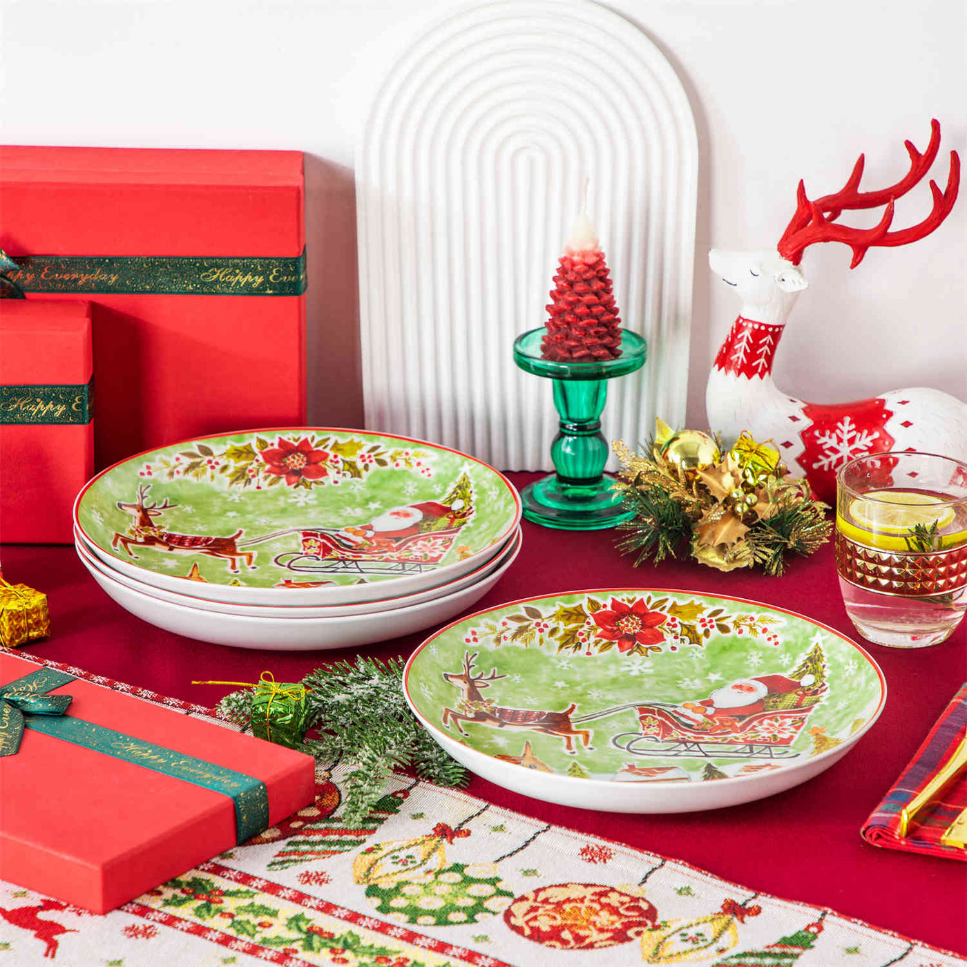 MALACASA Porcelain Christmas Reindeer Sleigh Pasta Bowls Set of 4, Classic Red and Green Holiday Theme, Ideal for Festive Table Settings, Xmas Home Decor, and Holiday Parties.