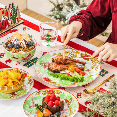 MALACASA Xmas Reindeer Sleigh 12-Piece Porcelain Dinnerware Set, Featuring a Christmas Reindeer Sleigh Design. Perfect for Holiday Gatherings.