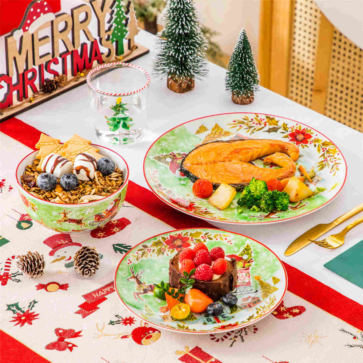 MALACASA Xmas Reindeer Sleigh 12-Piece Porcelain Dinnerware Set, Featuring a Christmas Reindeer Sleigh Design. Perfect for Holiday Gatherings.