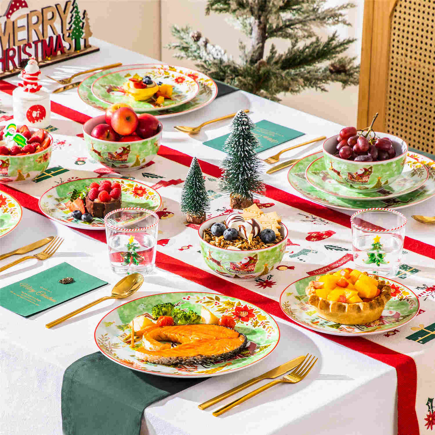 MALACASA Xmas Reindeer Sleigh 12-Piece Porcelain Dinnerware Set, Featuring a Christmas Reindeer Sleigh Design. Perfect for Holiday Gatherings.