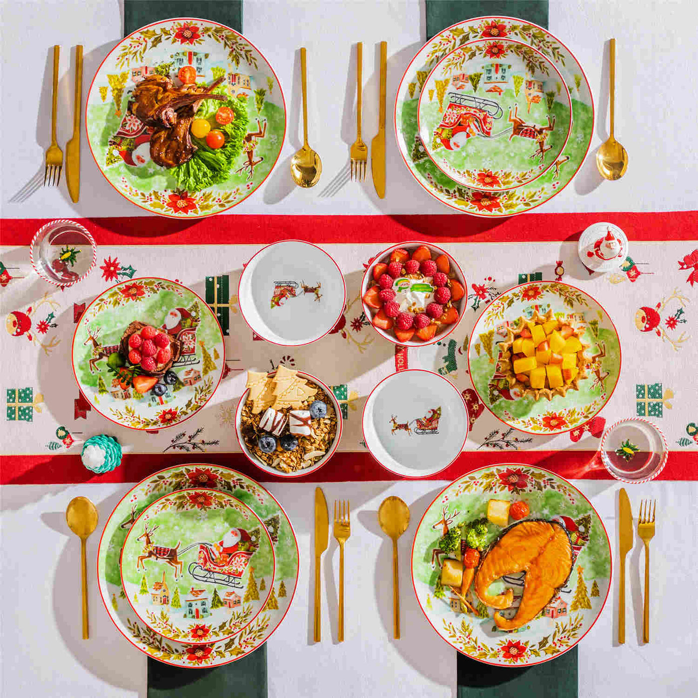 MALACASA Xmas Reindeer Sleigh 12-Piece Porcelain Dinnerware Set, Featuring a Christmas Reindeer Sleigh Design. Perfect for Holiday Gatherings.