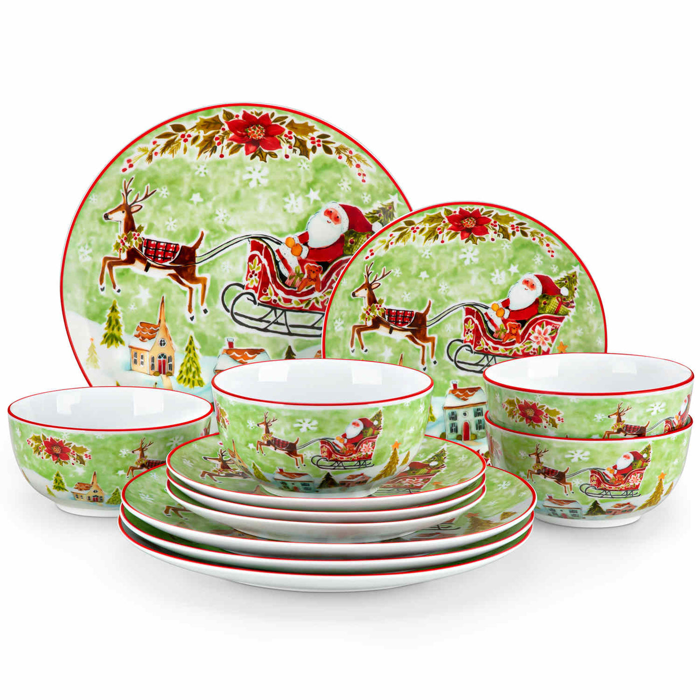 MALACASA Xmas Reindeer Sleigh 12-Piece Porcelain Dinnerware Set, Featuring a Christmas Reindeer Sleigh Design. Perfect for Holiday Gatherings.