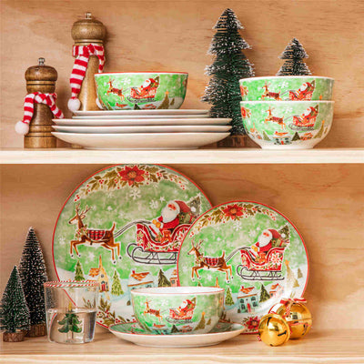 MALACASA Xmas Reindeer Sleigh 12-Piece Porcelain Dinnerware Set, Featuring a Christmas Reindeer Sleigh Design. Perfect for Holiday Gatherings.