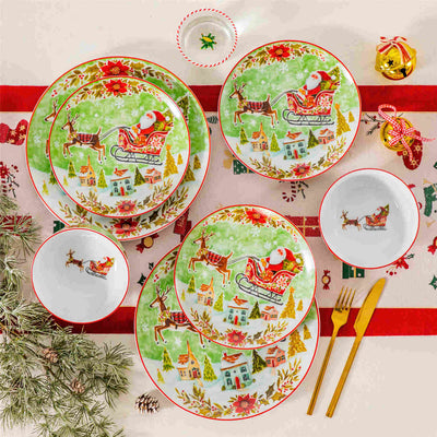 MALACASA Xmas Reindeer Sleigh 12-Piece Porcelain Dinnerware Set, Featuring a Christmas Reindeer Sleigh Design. Perfect for Holiday Gatherings.