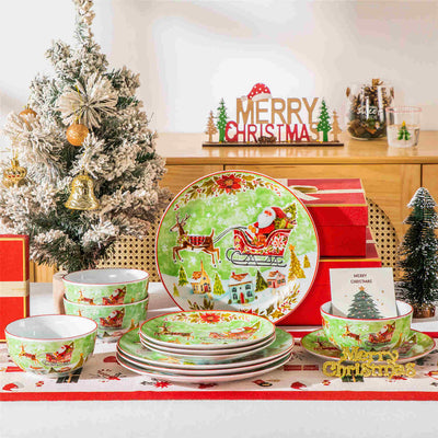 MALACASA Xmas Reindeer Sleigh 12-Piece Porcelain Dinnerware Set, Featuring a Christmas Reindeer Sleigh Design. Perfect for Holiday Gatherings.