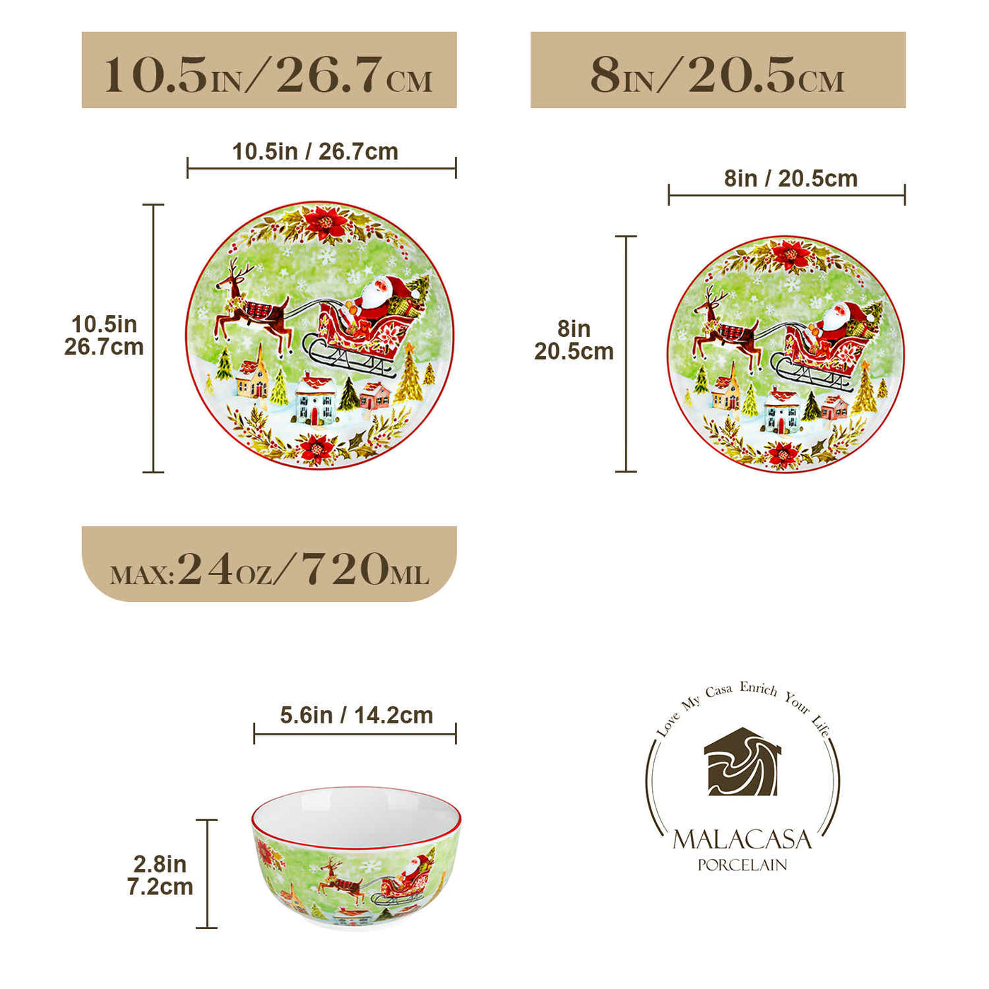 MALACASA Xmas Reindeer Sleigh 12-Piece Porcelain Dinnerware Set, Featuring a Christmas Reindeer Sleigh Design. Perfect for Holiday Gatherings.