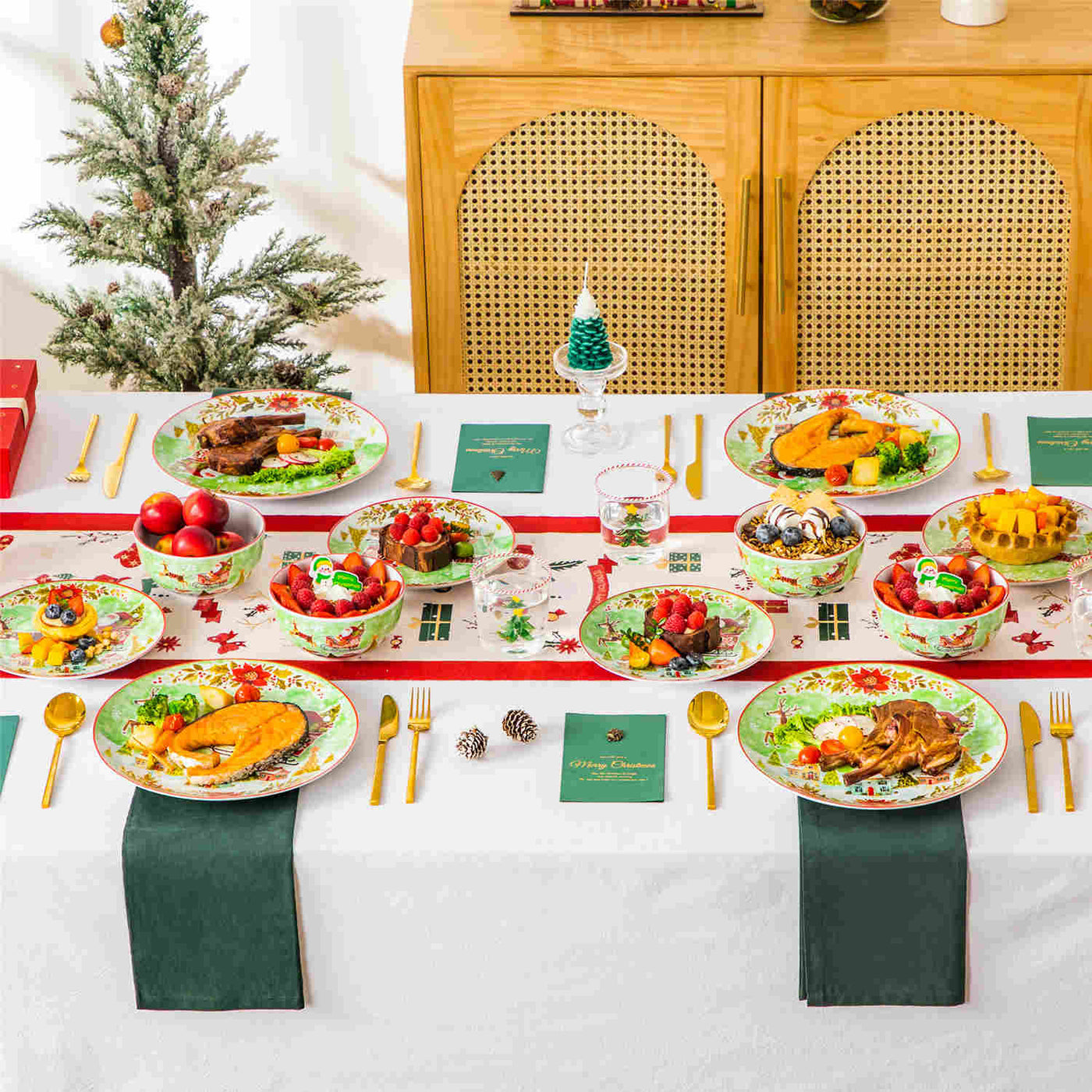 MALACASA Xmas Reindeer Sleigh 12-Piece Porcelain Dinnerware Set, Featuring a Christmas Reindeer Sleigh Design. Perfect for Holiday Gatherings.