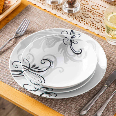 MALACASA Zoey Round 18-Piece Dinnerware Set, Featuring Black and Silvery Floral Patterns, Perfect for Everyday Meals or Special 0ccasions.