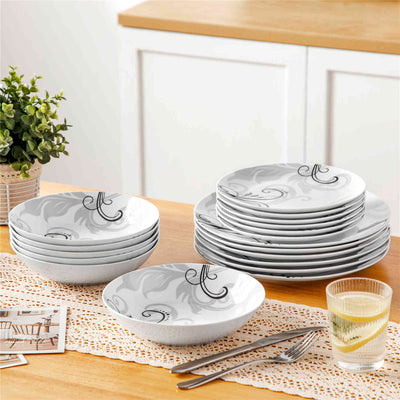 MALACASA Zoey Round 18-Piece Dinnerware Set, Featuring Black and Silvery Floral Patterns, Perfect for Everyday Meals or Special 0ccasions.