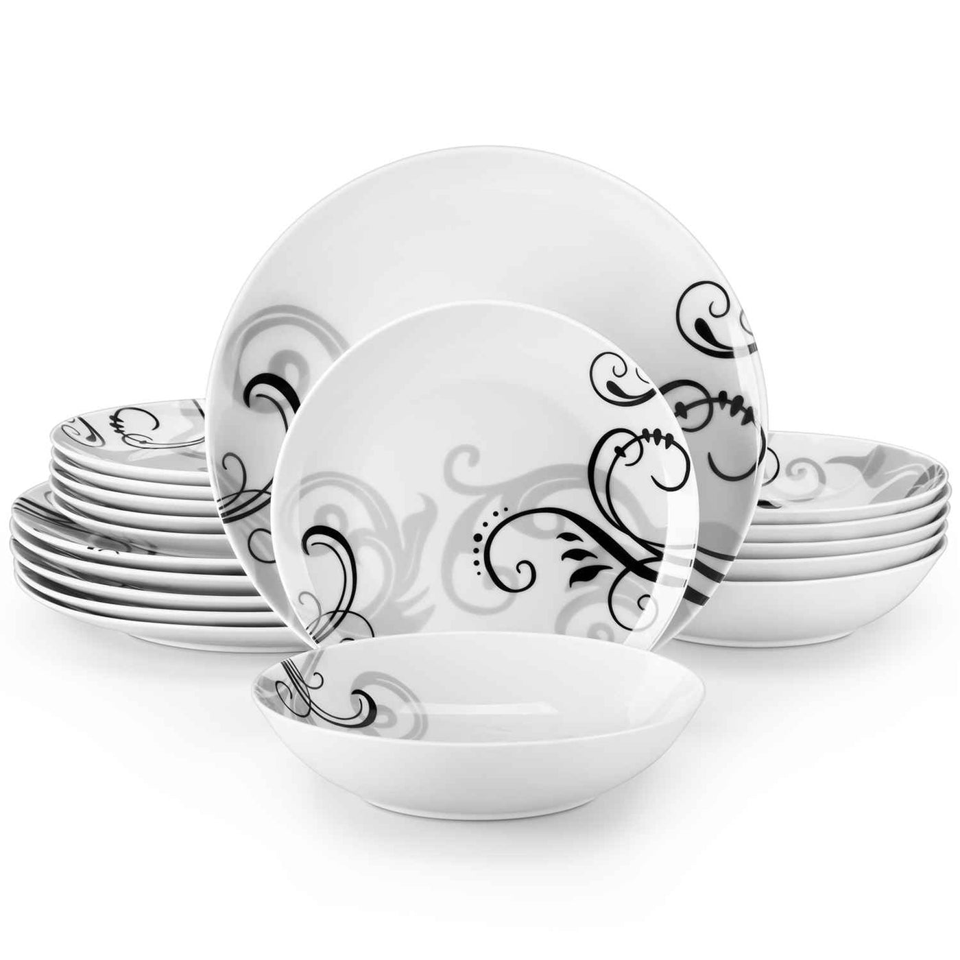 MALACASA Zoey Round 18-Piece Dinnerware Set, Featuring Black and Silvery Floral Patterns, Perfect for Everyday Meals or Special 0ccasions.