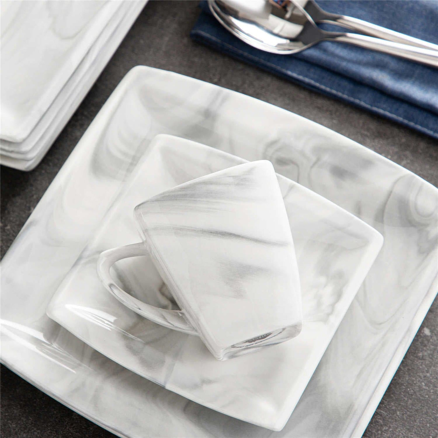 MALACASA Blance 32-Piece Marble Gray Porcelain. Dinnerware Set