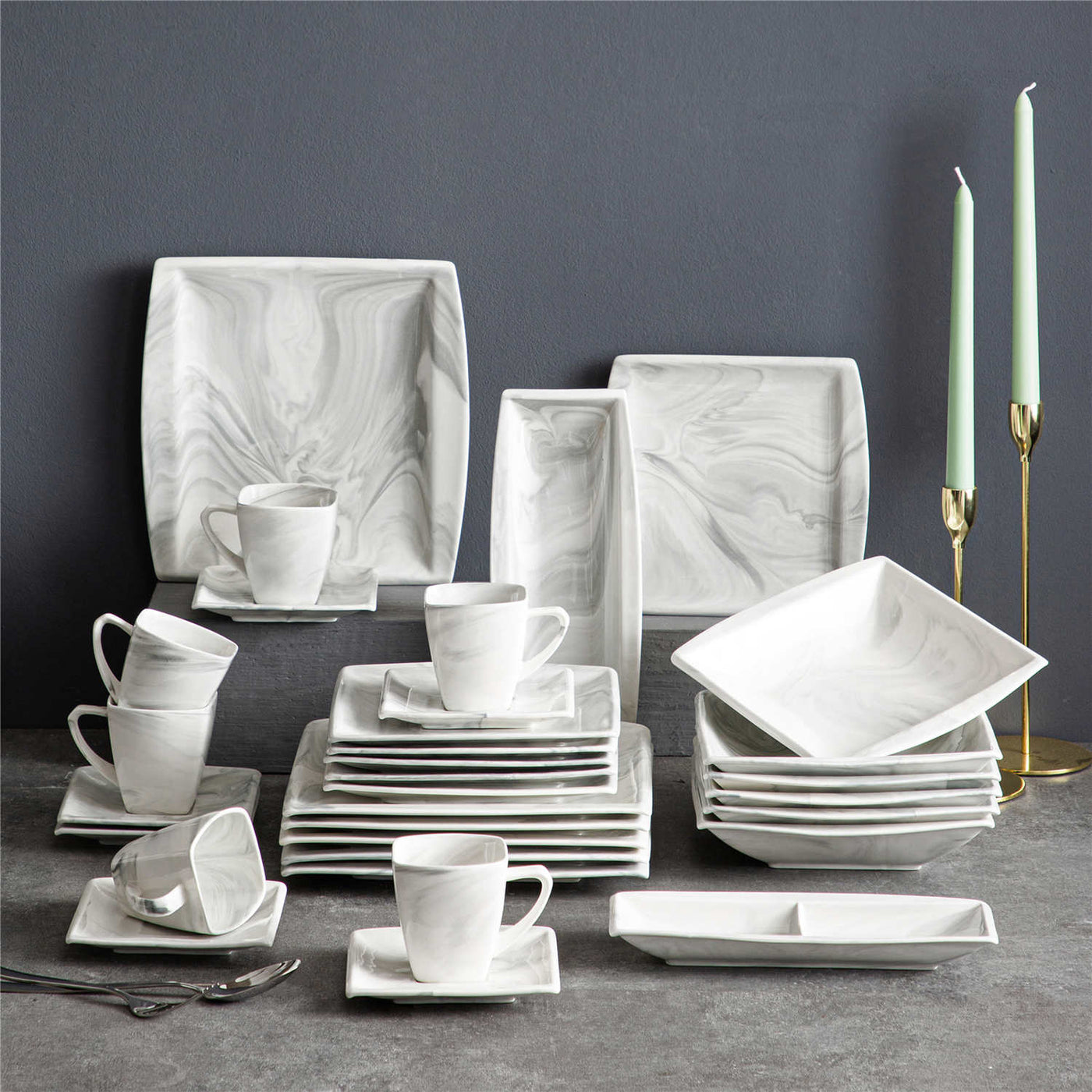 MALACASA Blance 30-Piece Marble Grey Porcelain Tableware