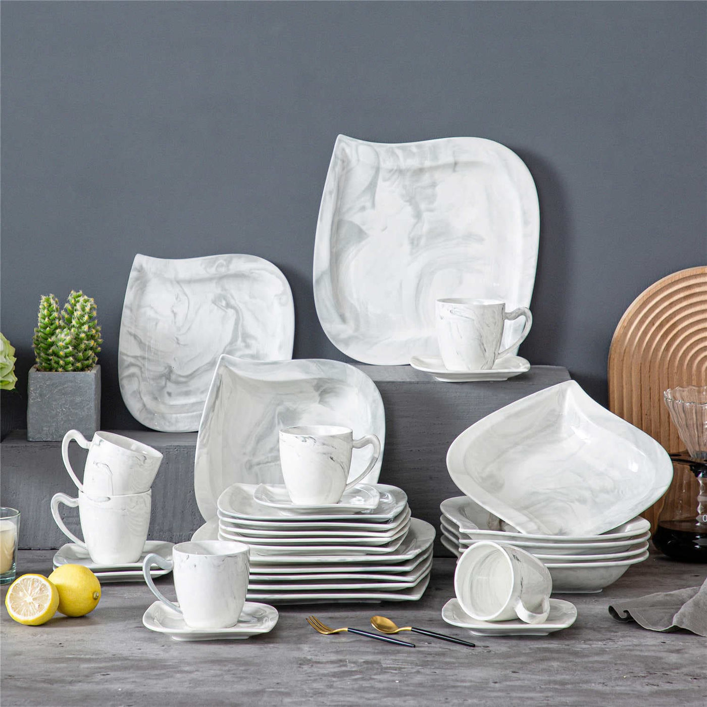 MALACASA Blance 30-Piece Marble Grey Porcelain Tableware