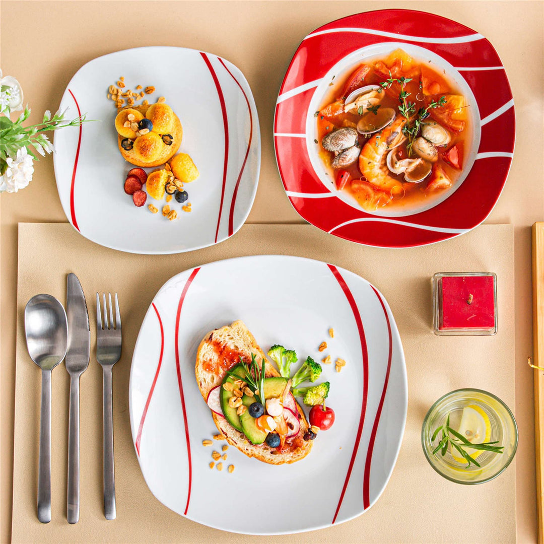 Vajilla De Navidad 18 Piezas / 6 Personas | Cookinglife | Porcelana Blanca Con Detalles Rojos