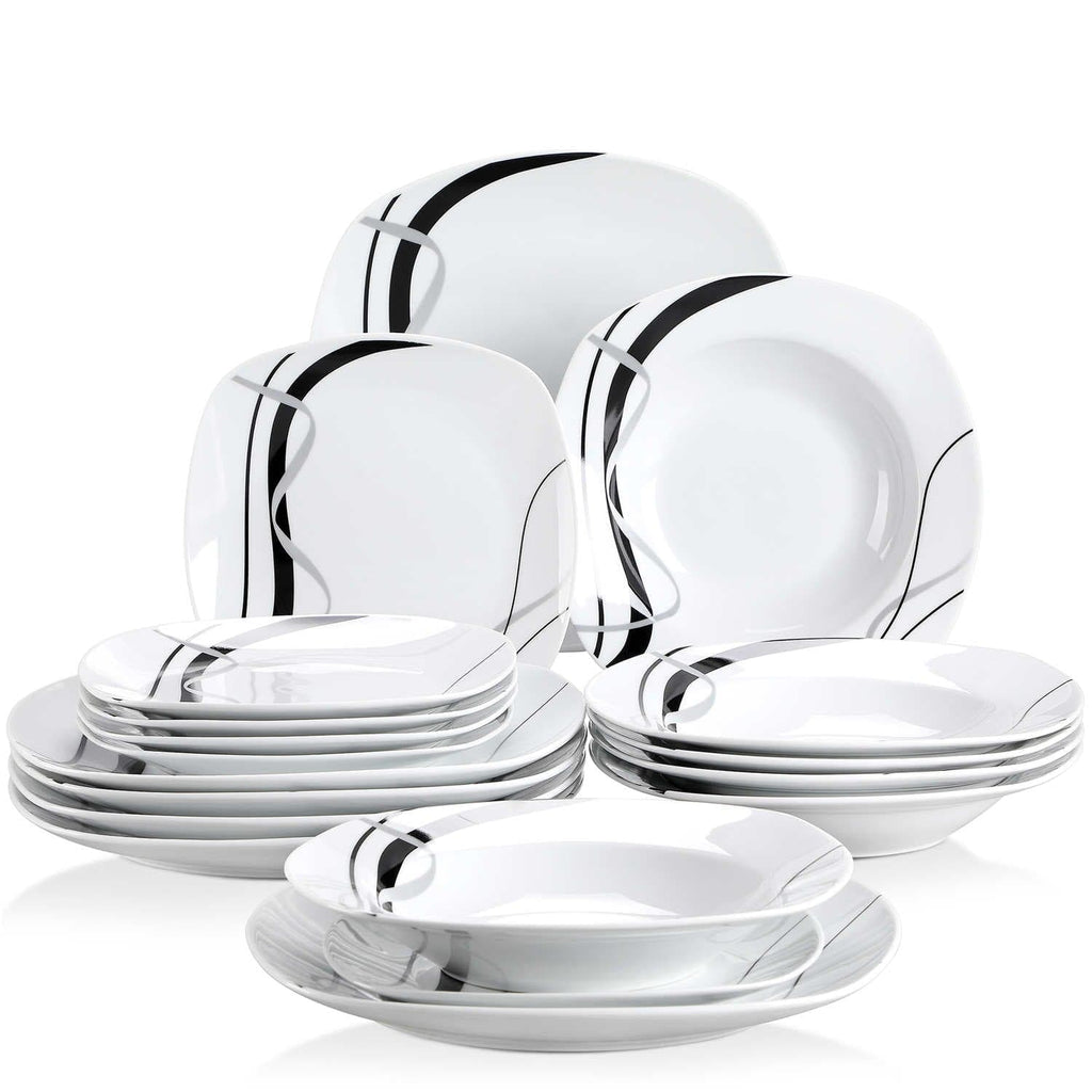 VEWEET, Series Fiona, 30-Piece Dinnerware Sets for 6, White Dishes Set with  Black and Gray Stripes, Porcelain Dinner Set Including Dessert Plates